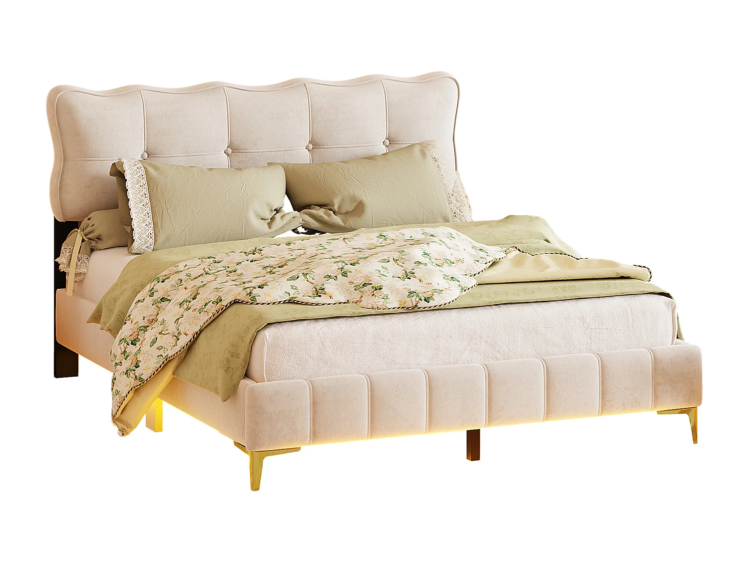 Polsterbett 160 x 200 cm mit Kopfteil – LEDs – Samt – Beige