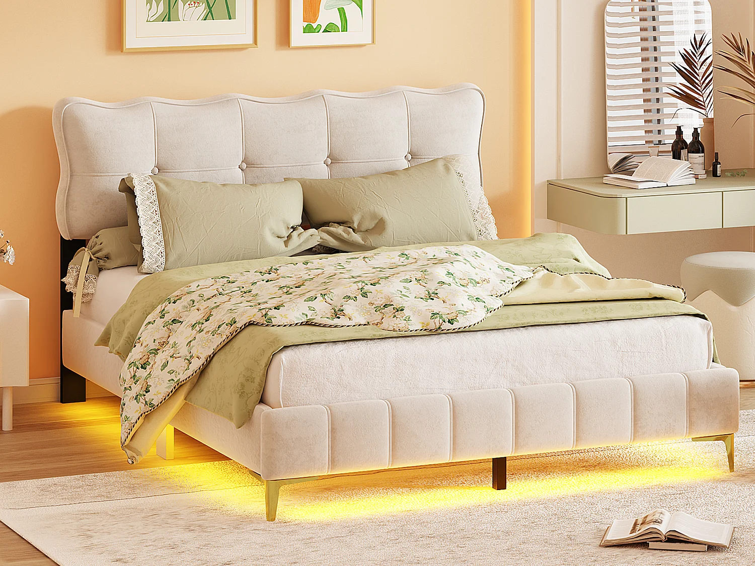 Polsterbett 160 x 200 cm mit Kopfteil – LEDs – Samt – Beige