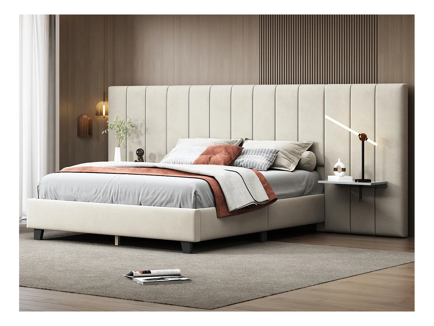 Lit capitonné 160 x 200 cm avec tête de lit et dossier allongés - étagères - velours - beige