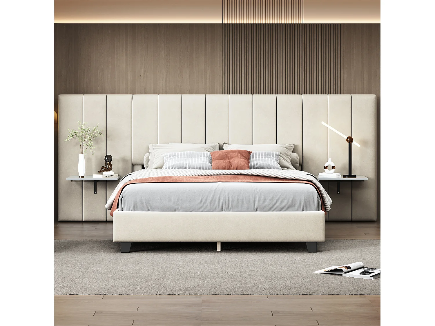 Cama estofada 160 x 200 cm com cabeceira e encosto alongados - prateleiras - veludo - bege