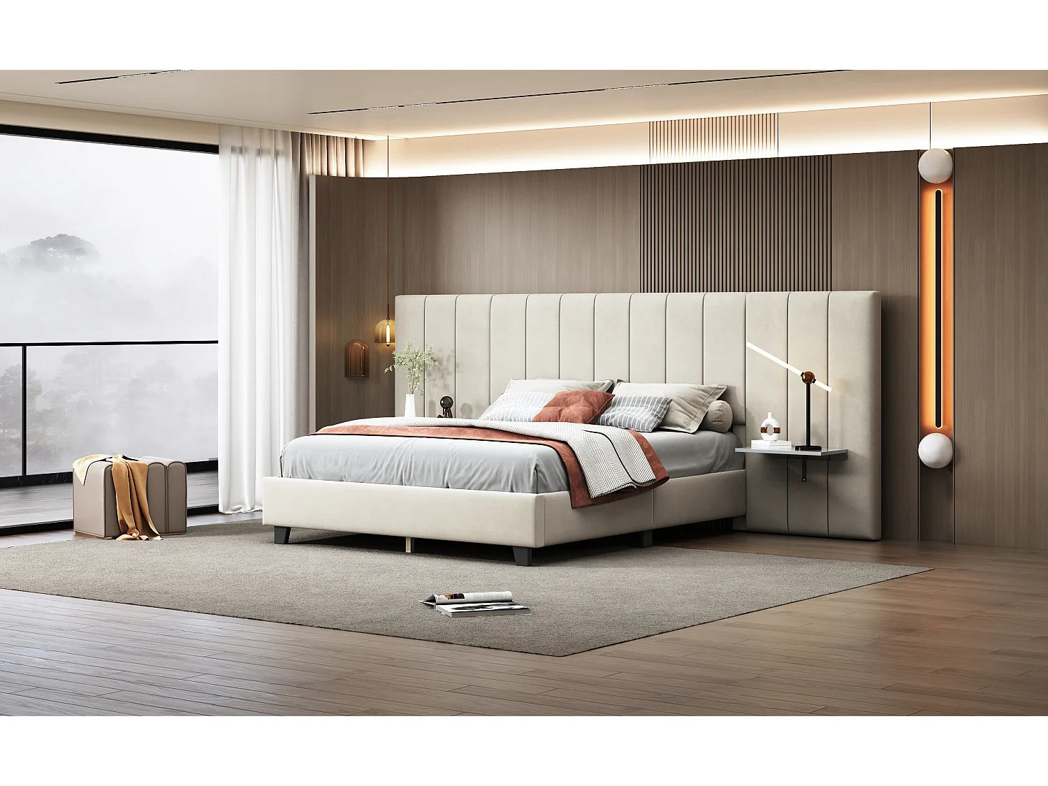 Cama estofada 160 x 200 cm com cabeceira e encosto alongados - prateleiras - veludo - bege