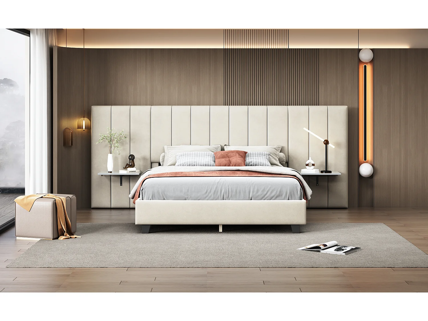 Cama estofada 160 x 200 cm com cabeceira e encosto alongados - prateleiras - veludo - bege