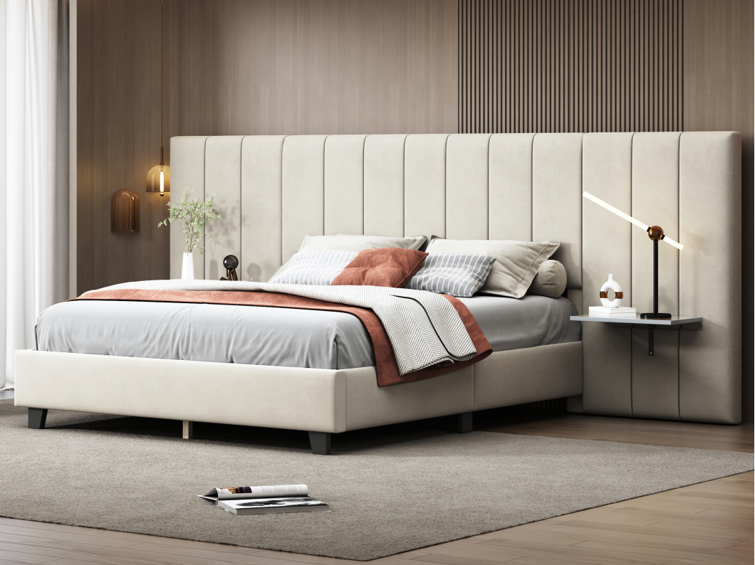Cama tapizada 160 x 200 cm con cabecero y respaldo alargados - estantes - terciopelo - beige