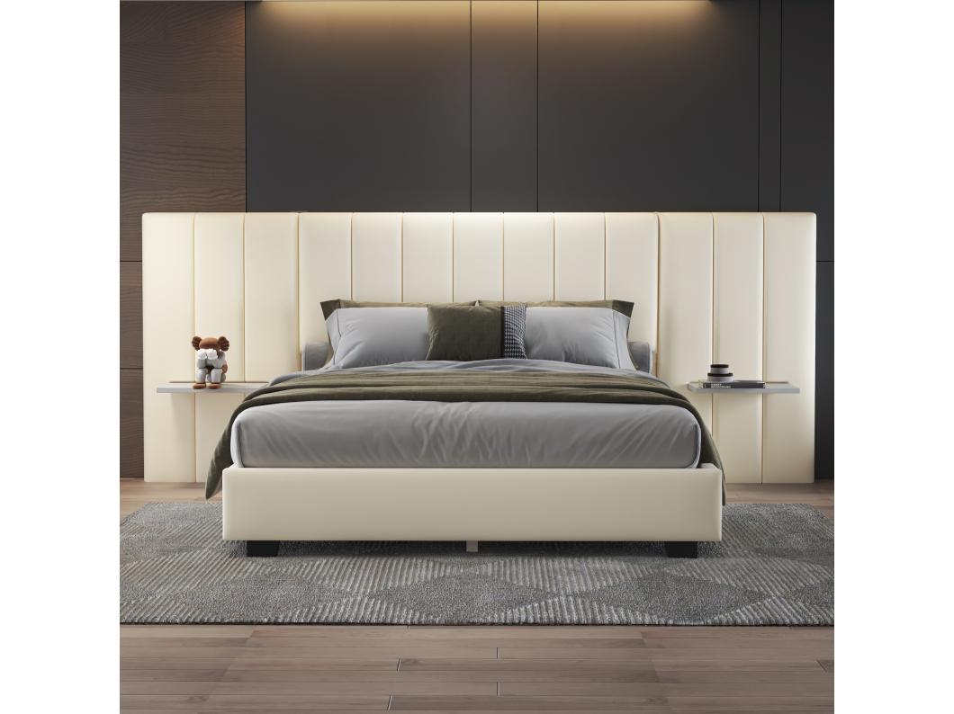 Gestoffeerd bed 160 x 200 cm met langwerpig hoofdeinde en rugleuning - planken - fluweel - beige