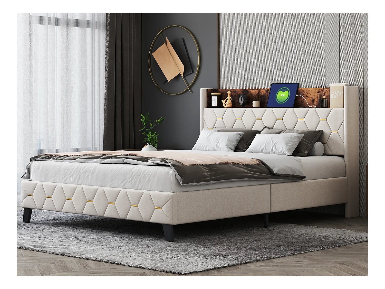 Doppelbett 160 x 200 cm mit Kopfteil mit Ablage und USB-Anschluss – Samt – Beige