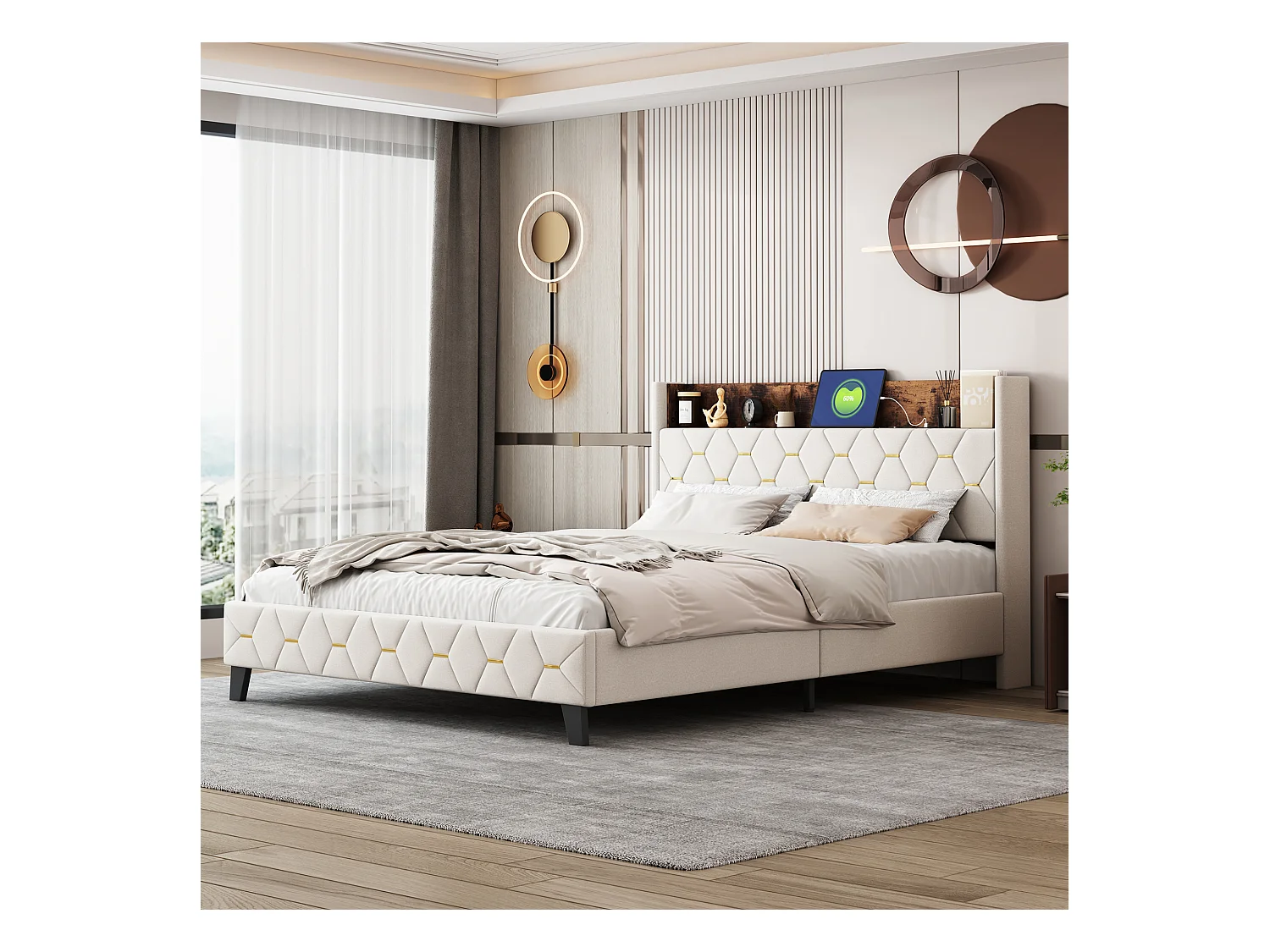 Doppelbett 160 x 200 cm mit Kopfteil mit Ablage und USB-Anschluss – Samt – Beige