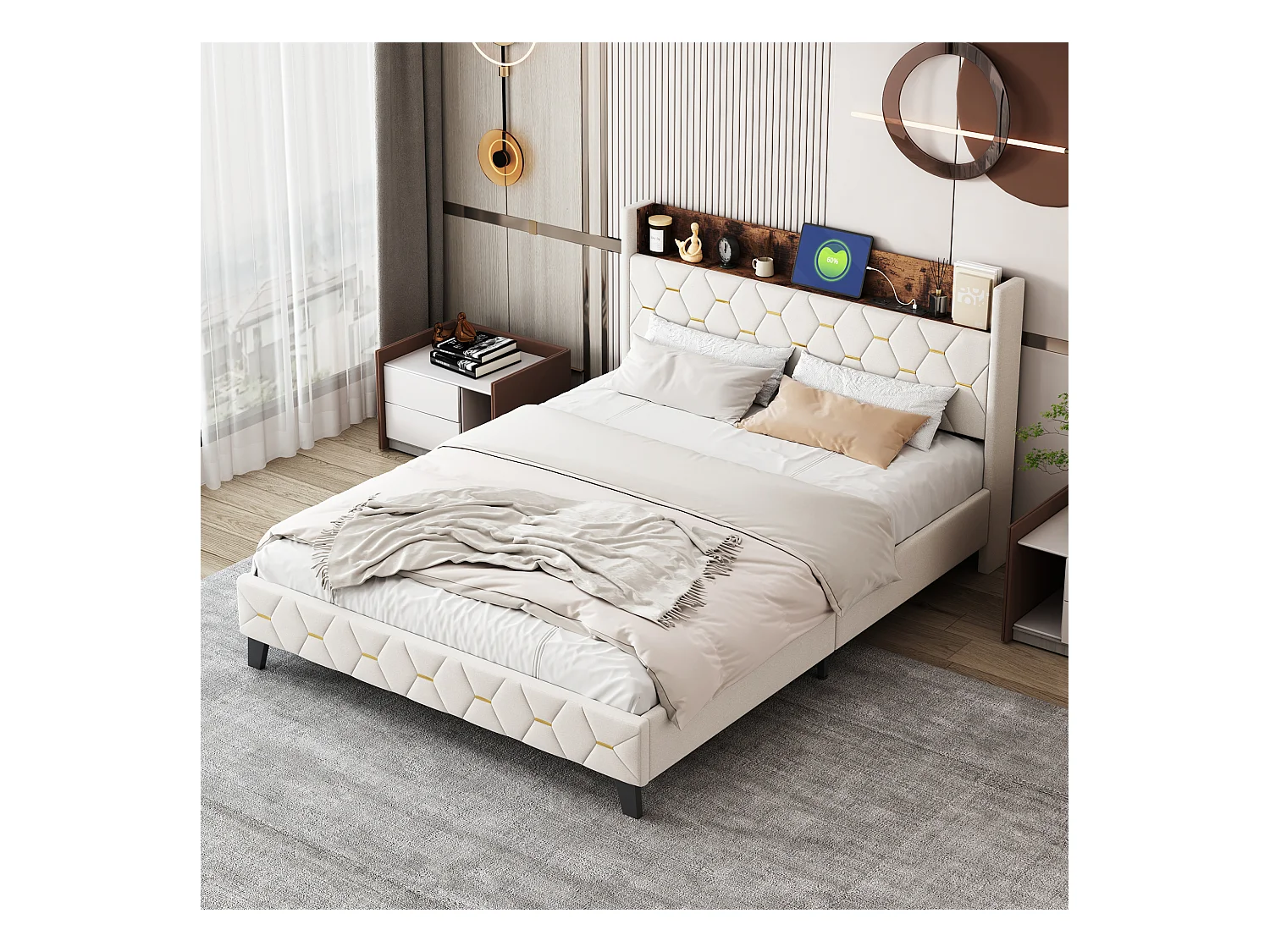 Doppelbett 160 x 200 cm mit Kopfteil mit Ablage und USB-Anschluss – Samt – Beige