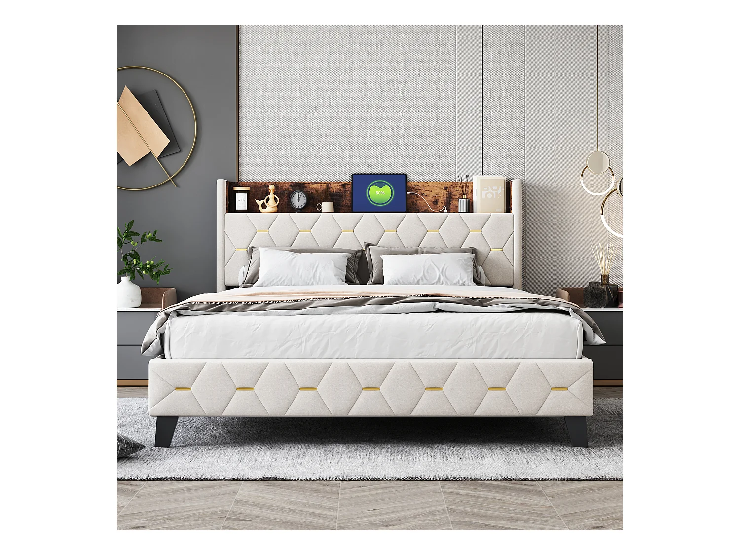 Doppelbett 160 x 200 cm mit Kopfteil mit Ablage und USB-Anschluss – Samt – Beige