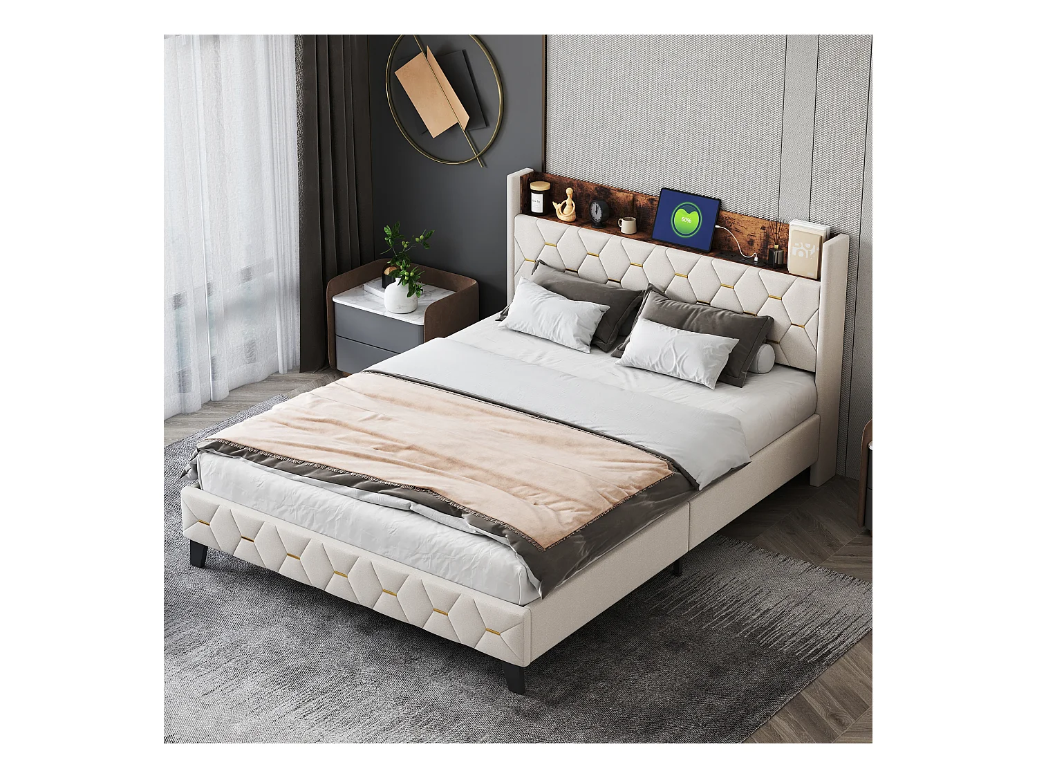 Doppelbett 160 x 200 cm mit Kopfteil mit Ablage und USB-Anschluss – Samt – Beige