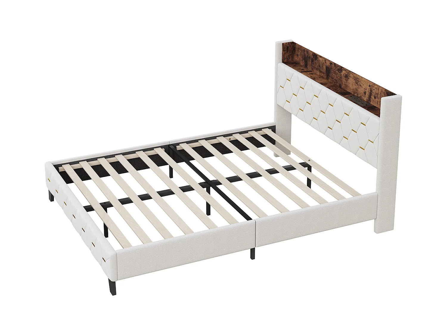 Doppelbett 160 x 200 cm mit Kopfteil mit Ablage und USB-Anschluss – Samt – Beige