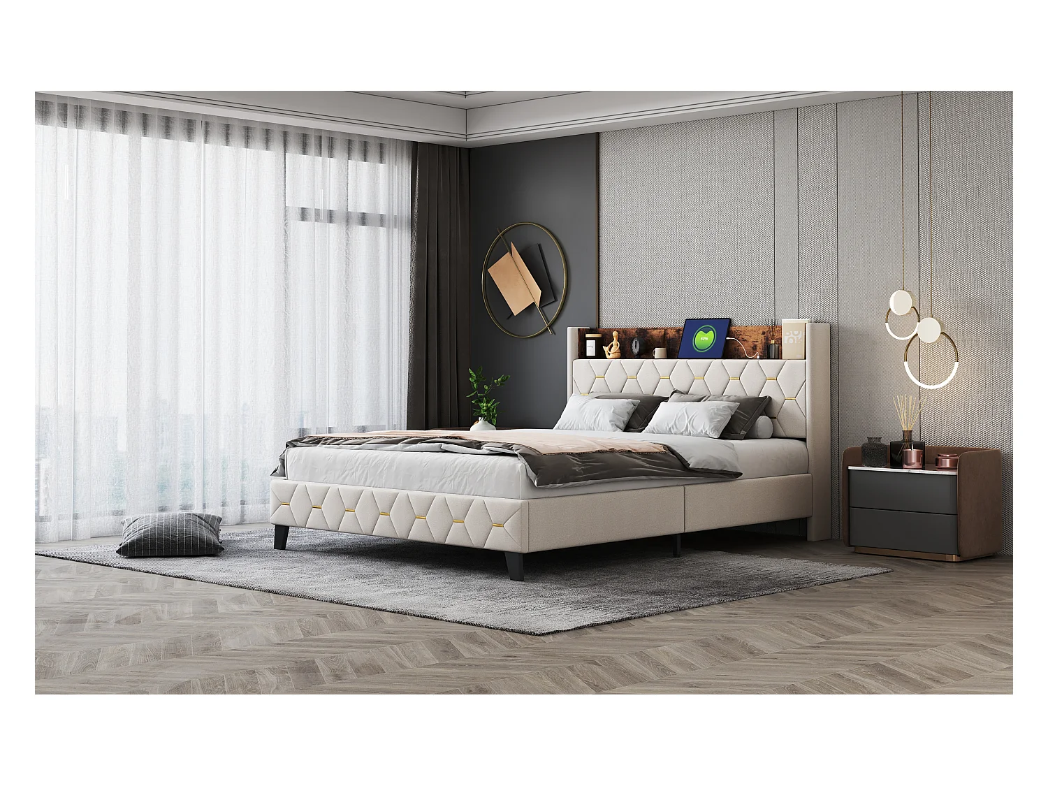 Doppelbett 160 x 200 cm mit Kopfteil mit Ablage und USB-Anschluss – Samt – Beige