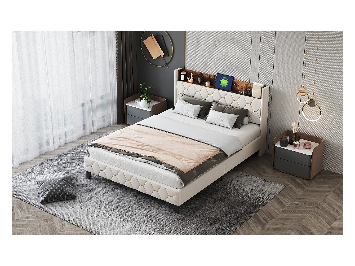 Doppelbett 160 x 200 cm mit Kopfteil mit Ablage und USB-Anschluss – Samt – Beige