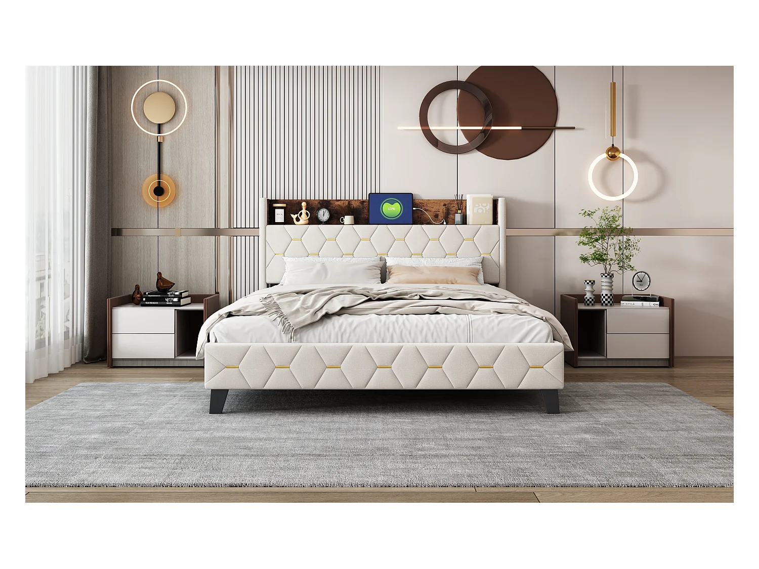 Doppelbett 160 x 200 cm mit Kopfteil mit Ablage und USB-Anschluss – Samt – Beige