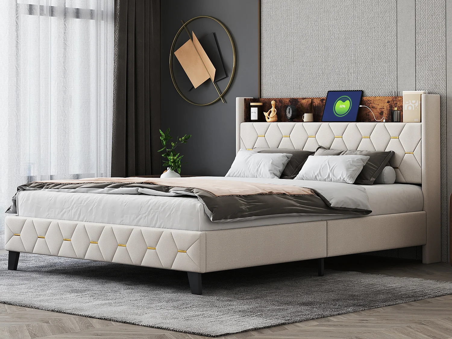 Doppelbett 160 x 200 cm mit Kopfteil mit Ablage und USB-Anschluss – Samt – Beige