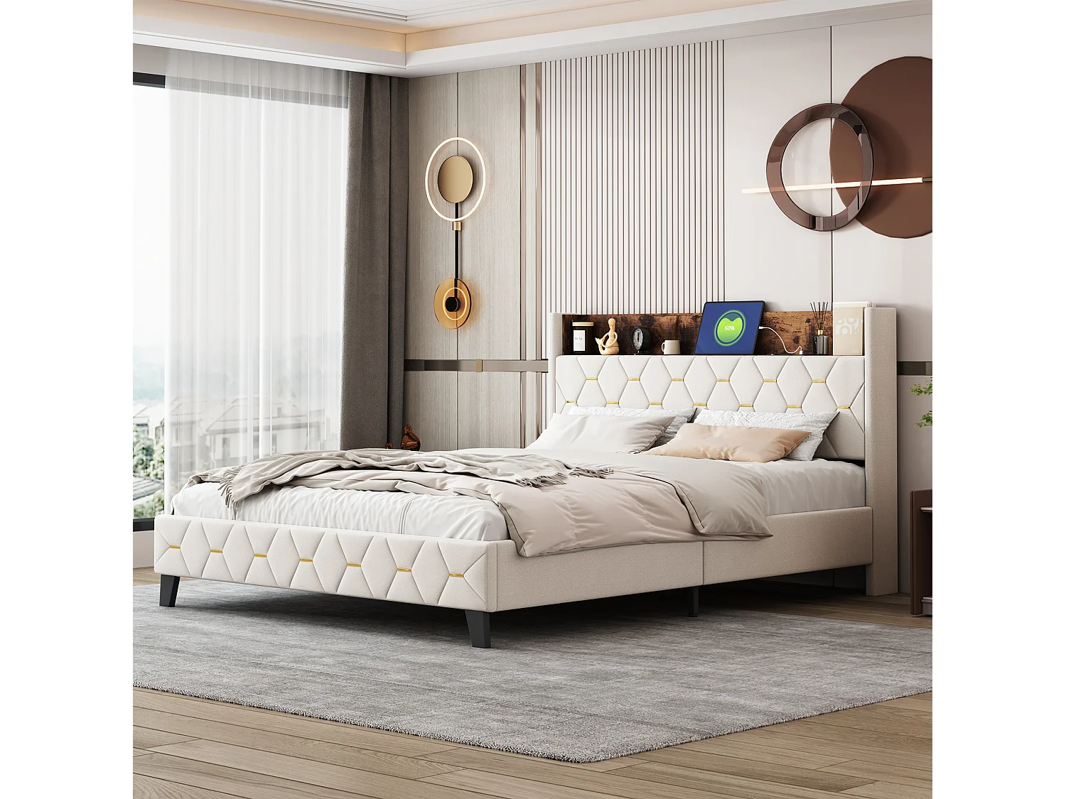 Doppelbett 160 x 200 cm mit Kopfteil mit Ablage und USB-Anschluss – Samt – Beige