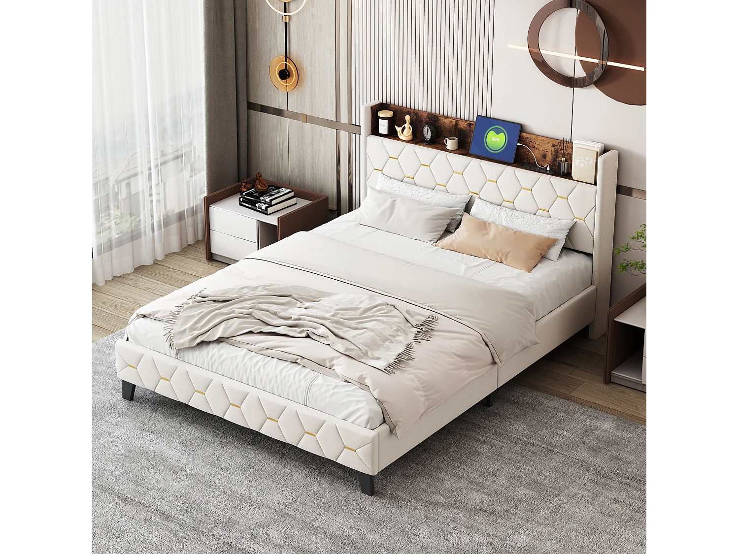 Doppelbett 160 x 200 cm mit Kopfteil mit Ablage und USB-Anschluss – Samt – Beige