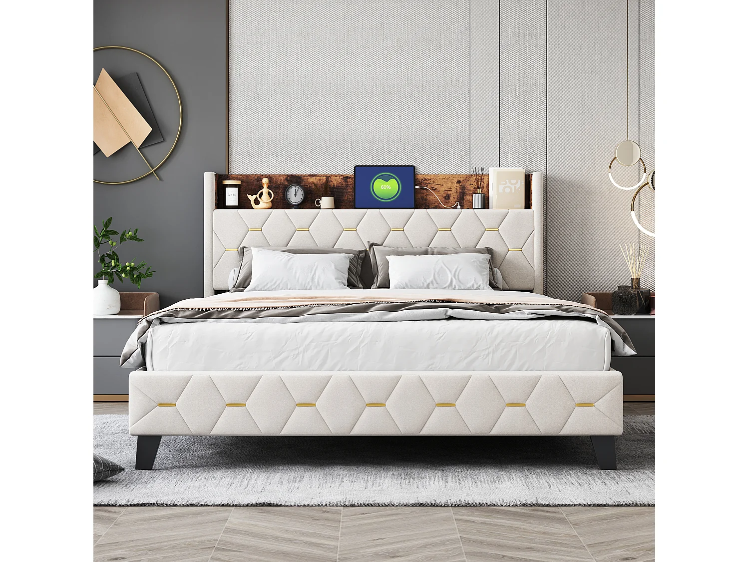 Doppelbett 160 x 200 cm mit Kopfteil mit Ablage und USB-Anschluss – Samt – Beige