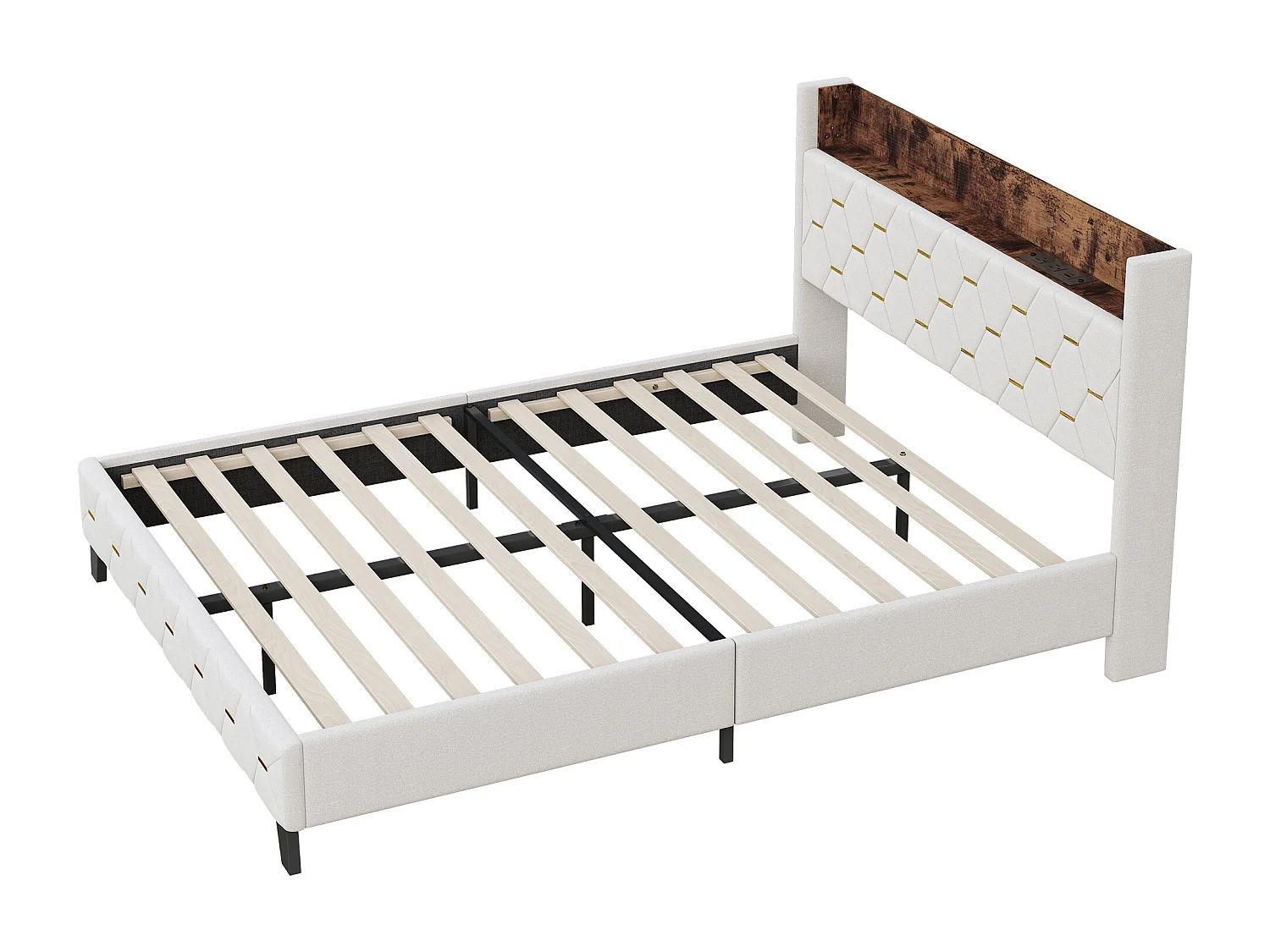 Doppelbett 160 x 200 cm mit Kopfteil mit Ablage und USB-Anschluss – Samt – Beige