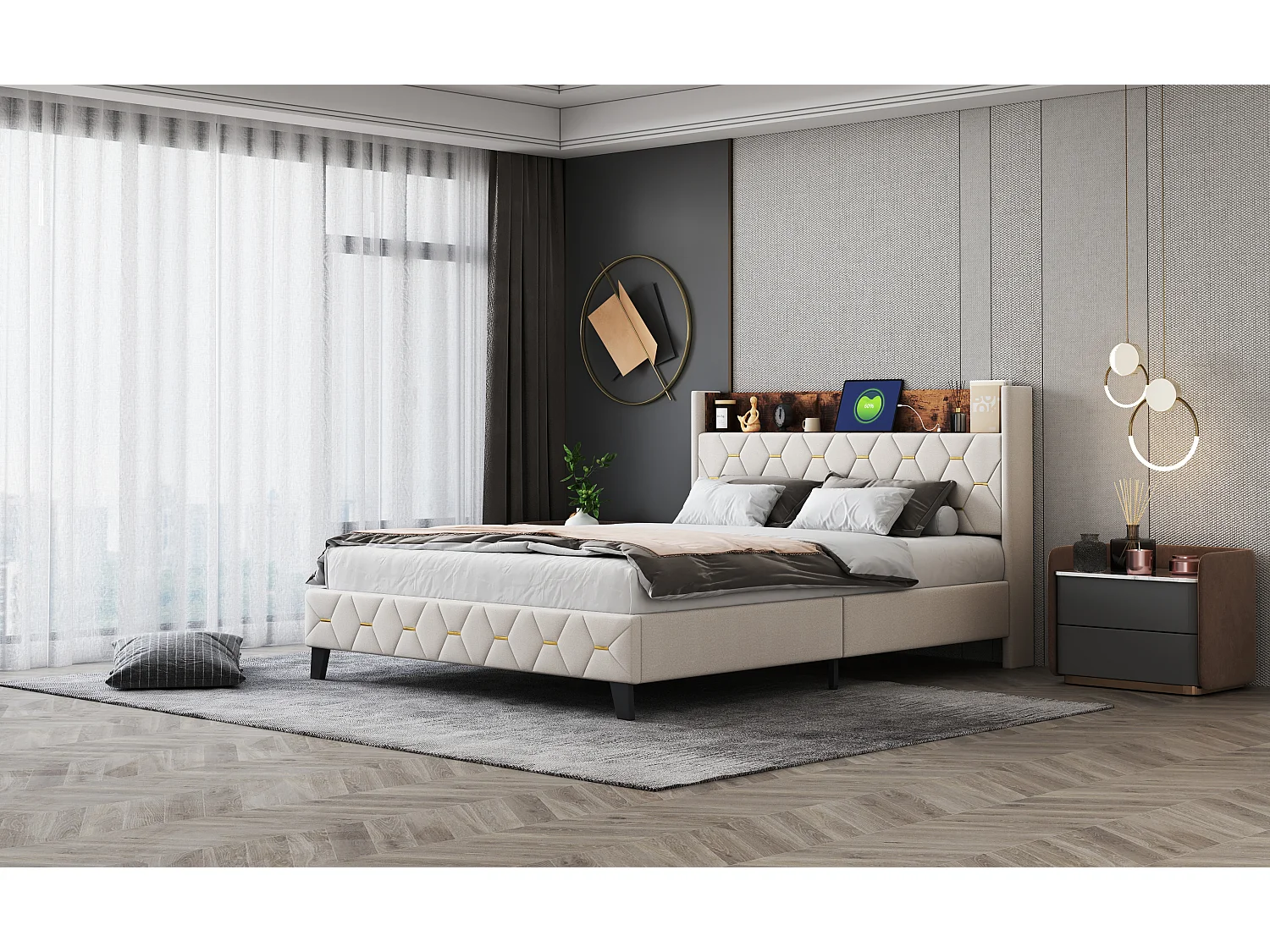 Doppelbett 160 x 200 cm mit Kopfteil mit Ablage und USB-Anschluss – Samt – Beige