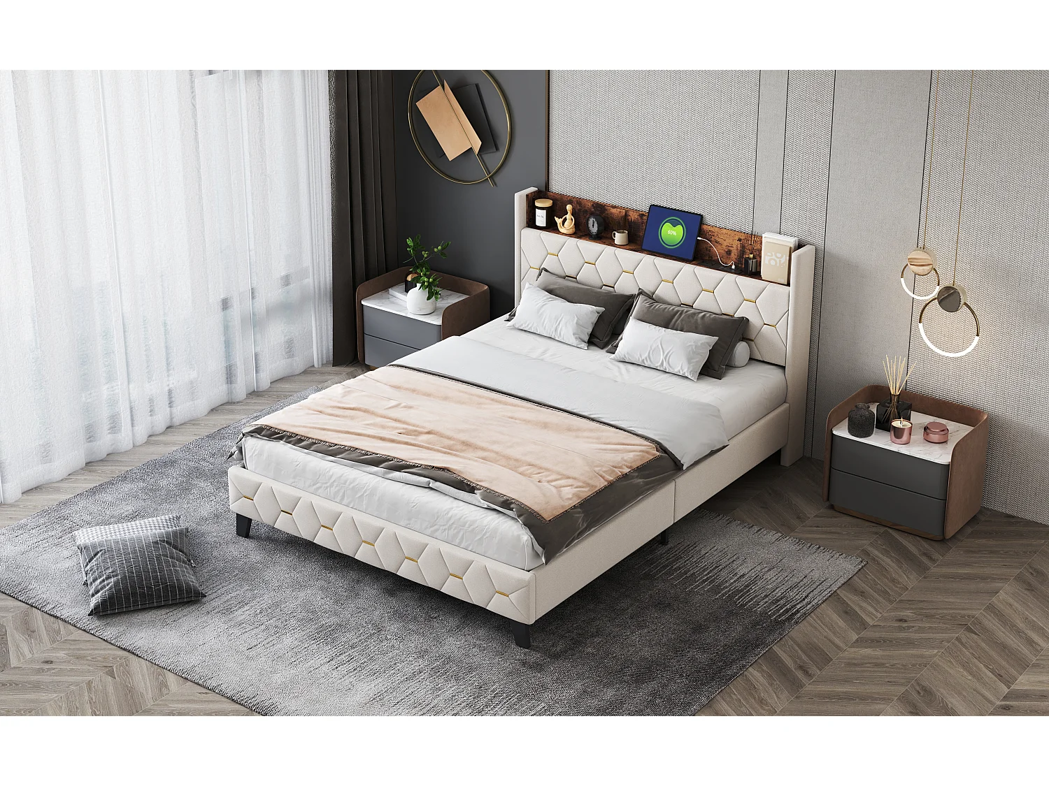 Doppelbett 160 x 200 cm mit Kopfteil mit Ablage und USB-Anschluss – Samt – Beige