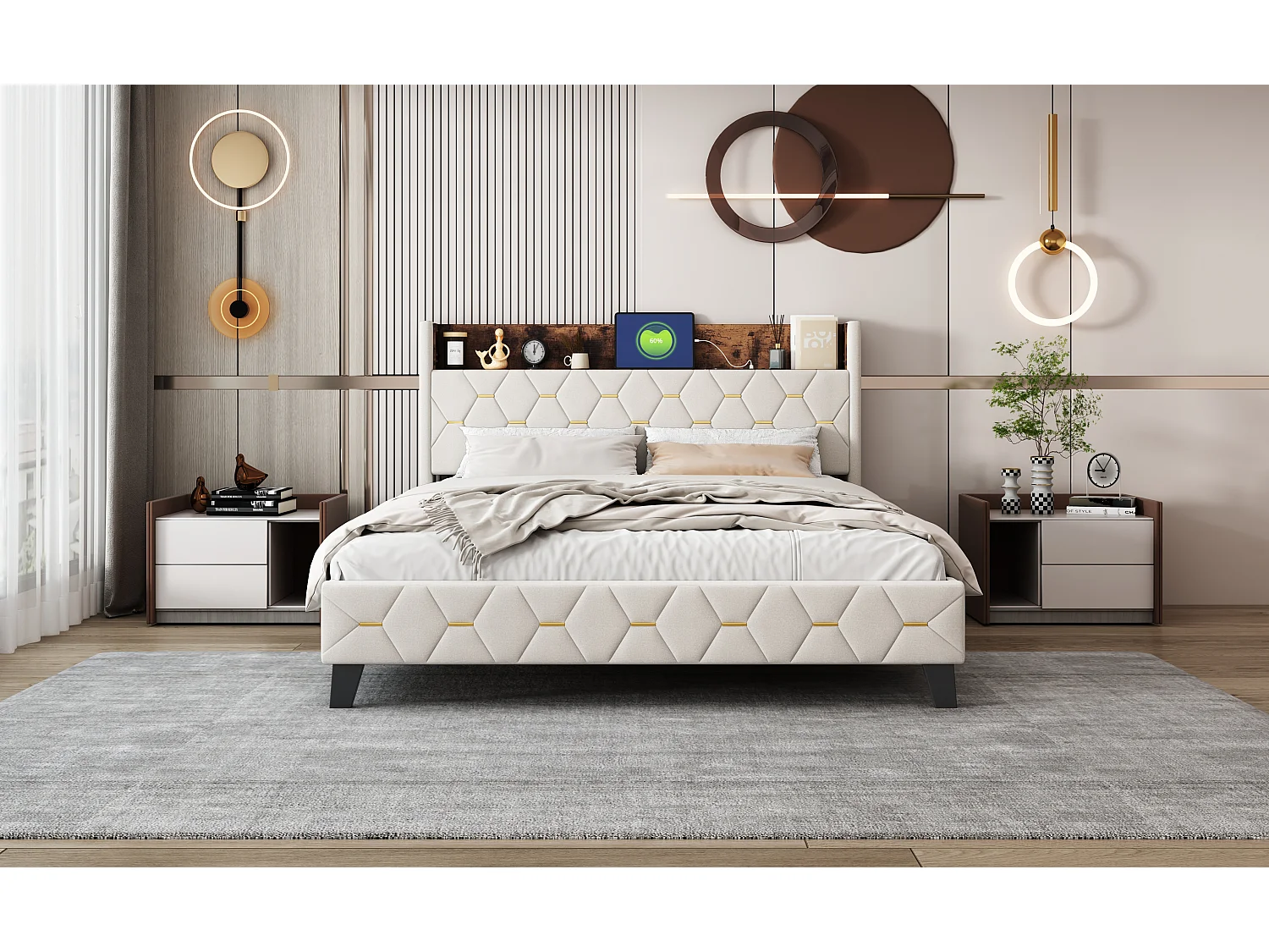 Doppelbett 160 x 200 cm mit Kopfteil mit Ablage und USB-Anschluss – Samt – Beige