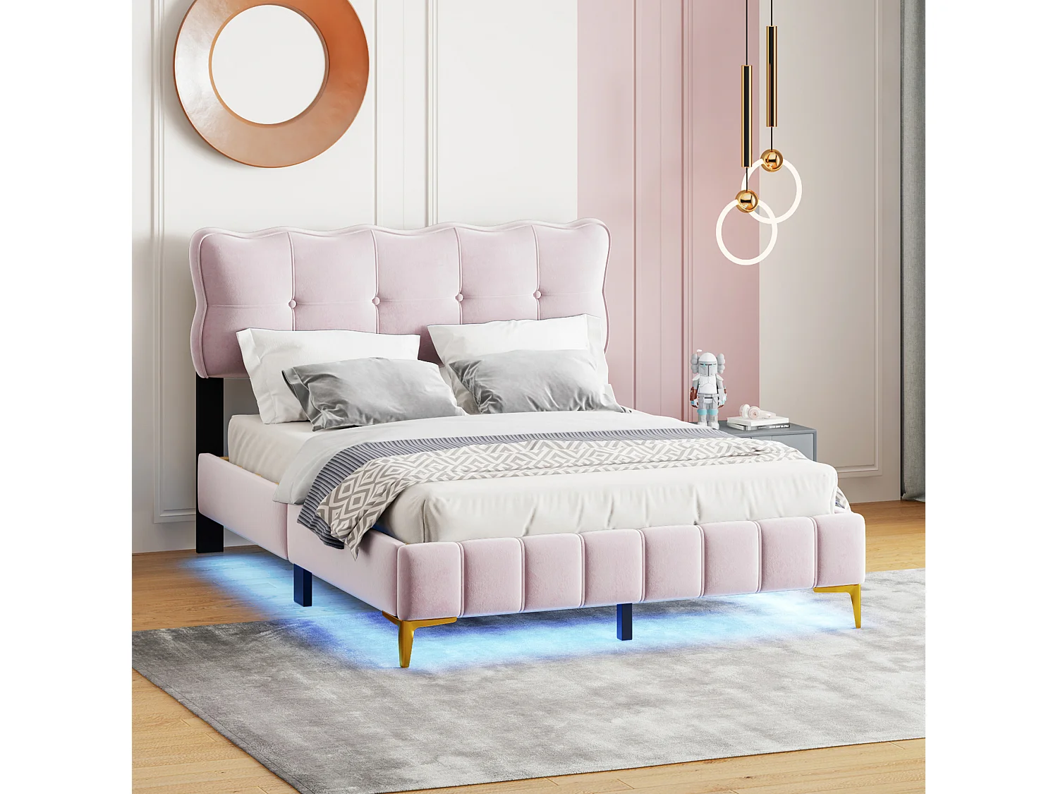 Cama tapizada 140 x 200 cm con cabecero - LEDs - Terciopelo - Rosa