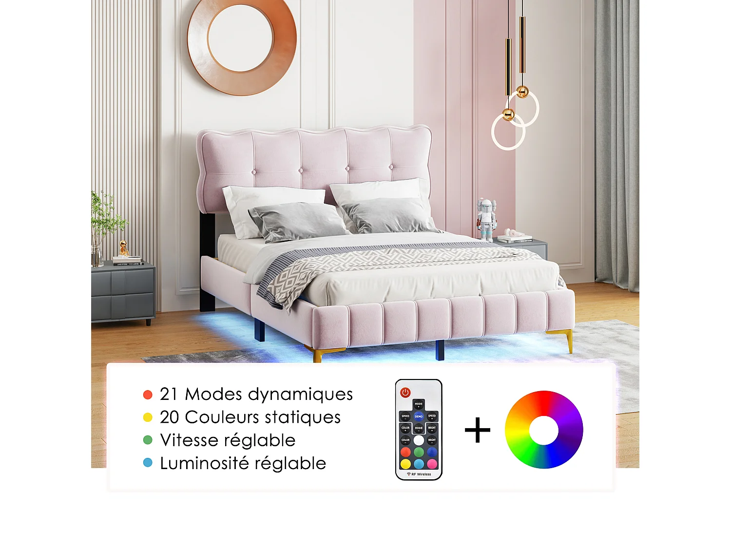 Cama tapizada 140 x 200 cm con cabecero - LEDs - Terciopelo - Rosa