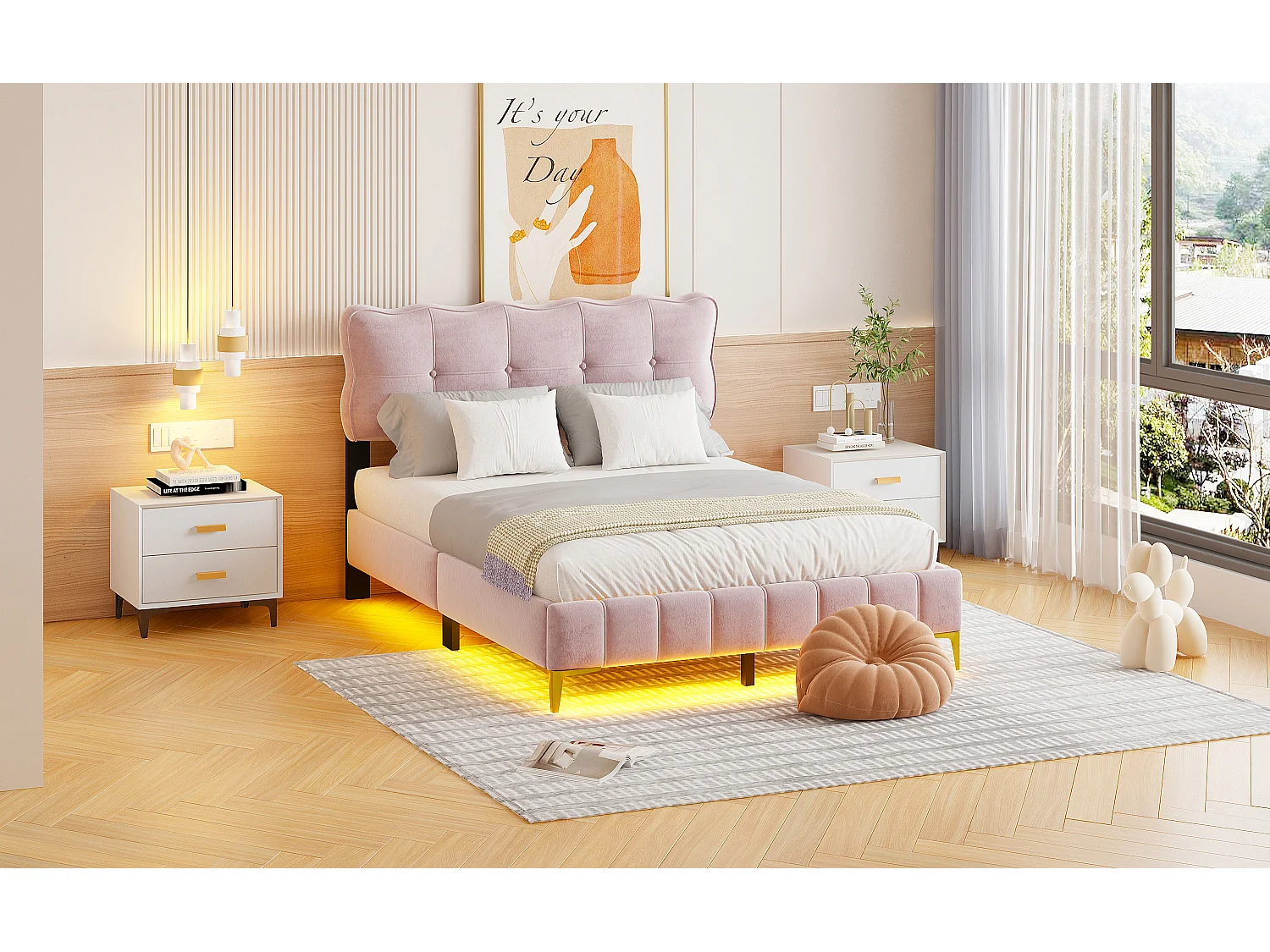 Cama tapizada 140 x 200 cm con cabecero - LEDs - Terciopelo - Rosa