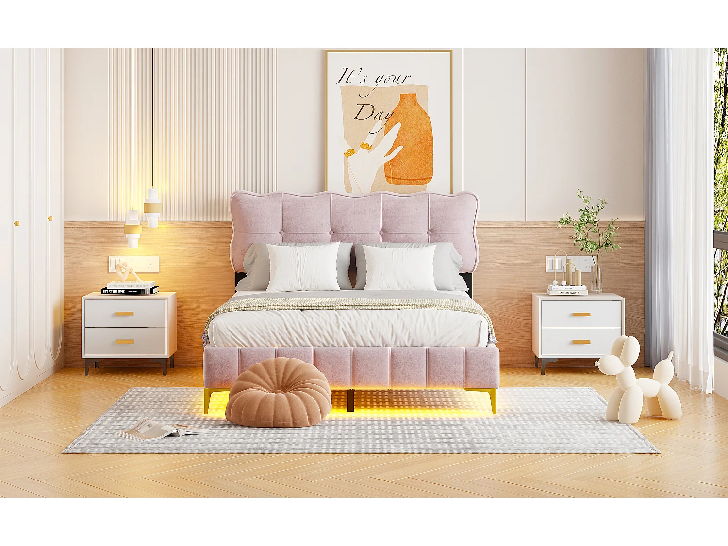 Cama tapizada 140 x 200 cm con cabecero - LEDs - Terciopelo - Rosa