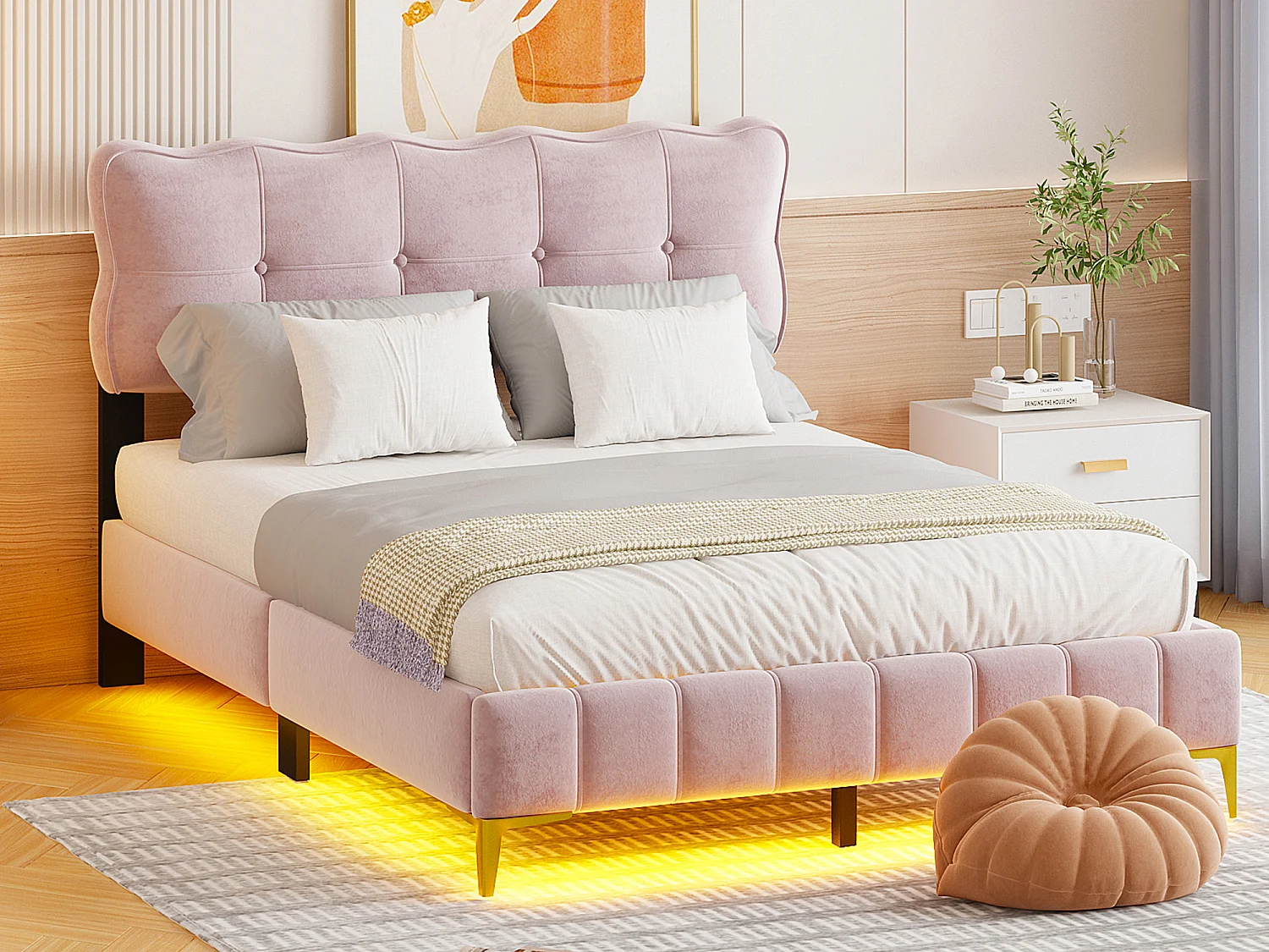 Cama tapizada 140 x 200 cm con cabecero - LEDs - Terciopelo - Rosa