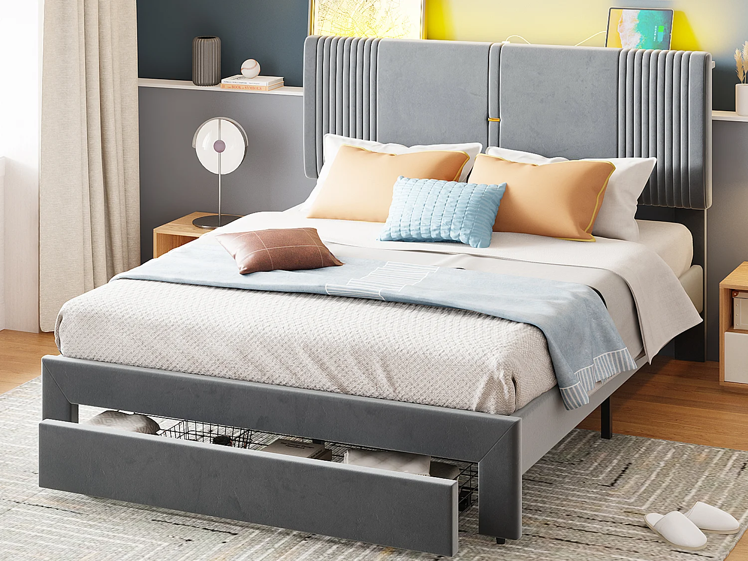 Lit capitonné adulte 140 x 200 cm avec grand tiroir - LEDs + USB - Velours - Gris