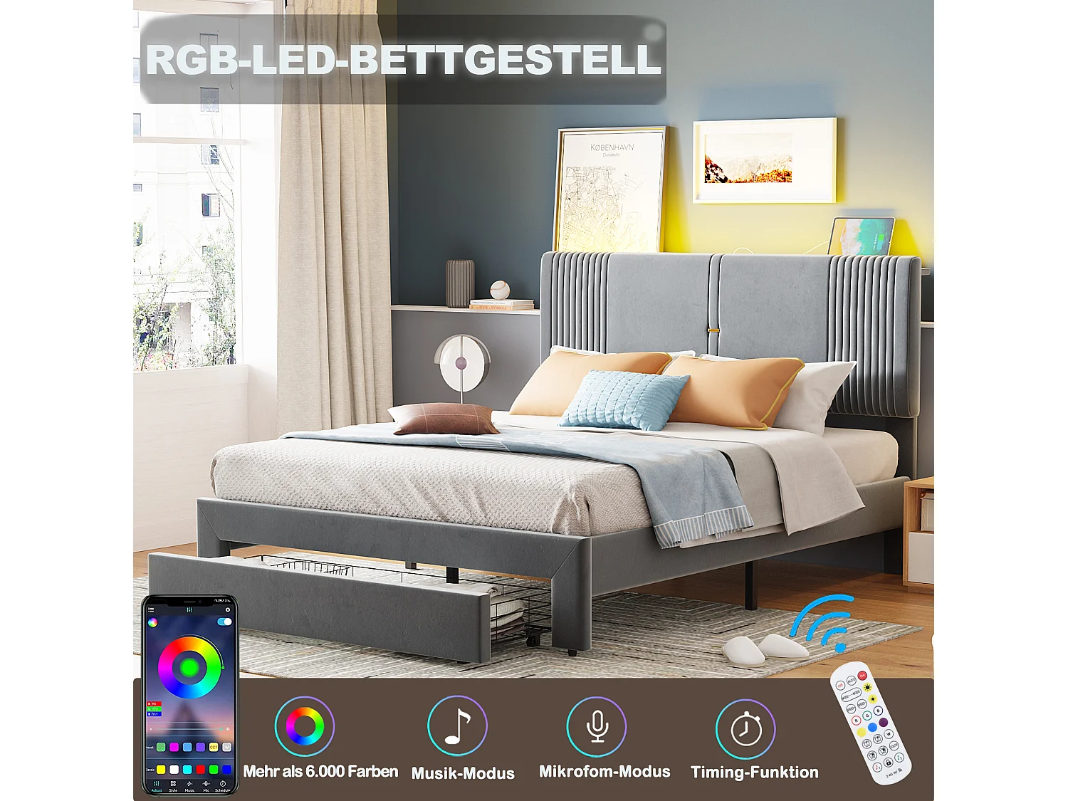 Lit capitonné adulte 140 x 200 cm avec grand tiroir - LEDs + USB - Velours - Gris