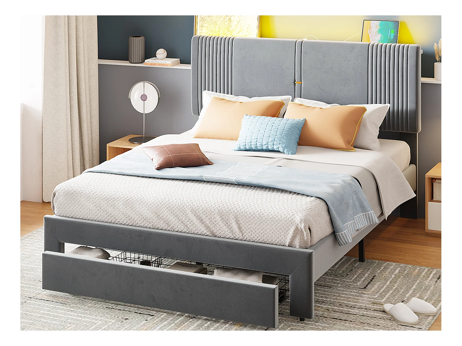 Lit capitonné adulte 140 x 200 cm avec grand tiroir - LEDs + USB - Velours - Gris