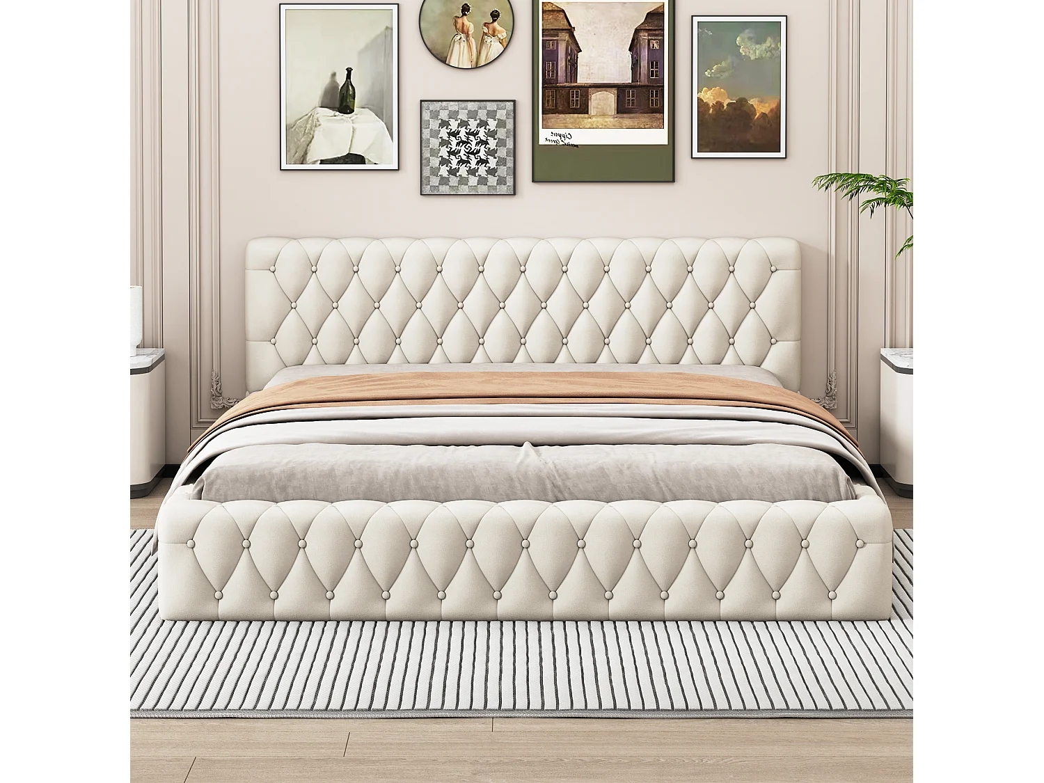 Gepolstertes Doppelbett 140 x 200 cm aus Samt, skandinavischer Stil, Farbe Weiß