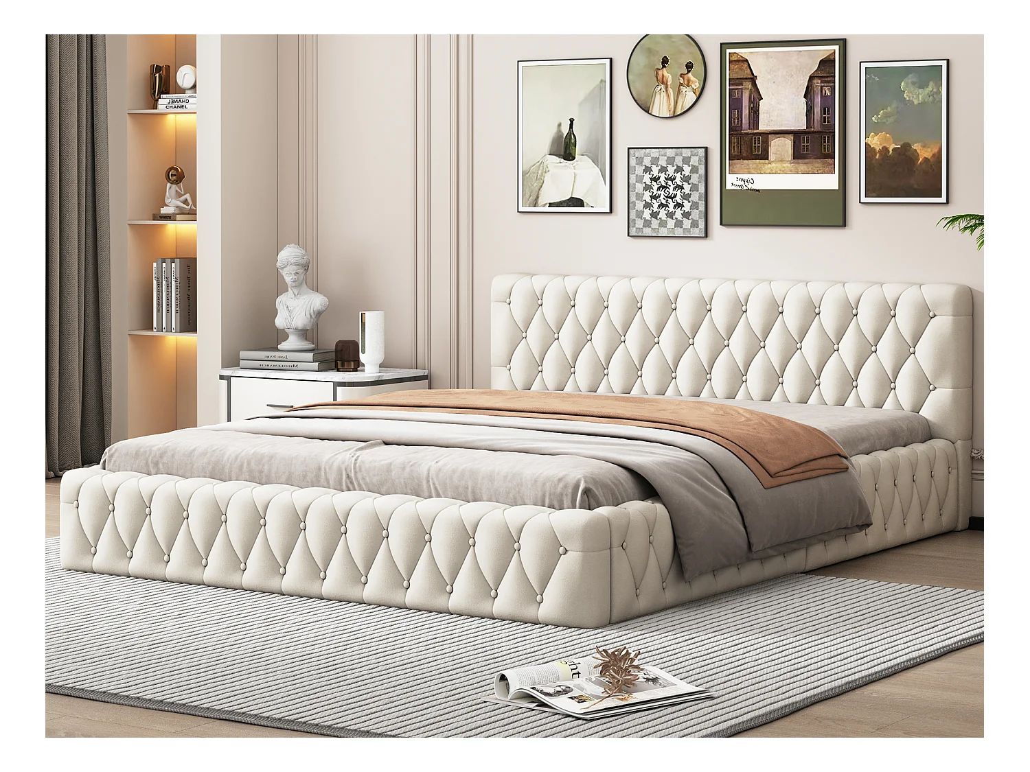 Lit double rembourré 140 x 200 cm en velours, style scandinave, coloris blanc