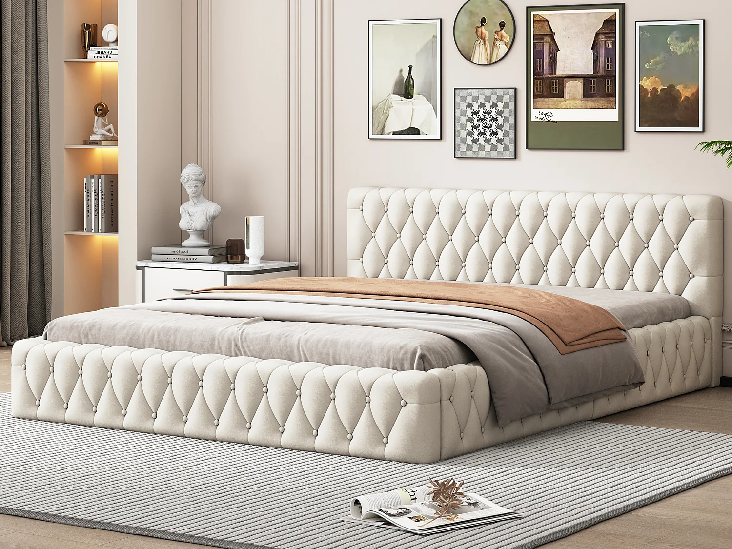 Gestoffeerd tweepersoonsbed 140 x 200 cm in fluweel, Scandinavische stijl, witte kleur