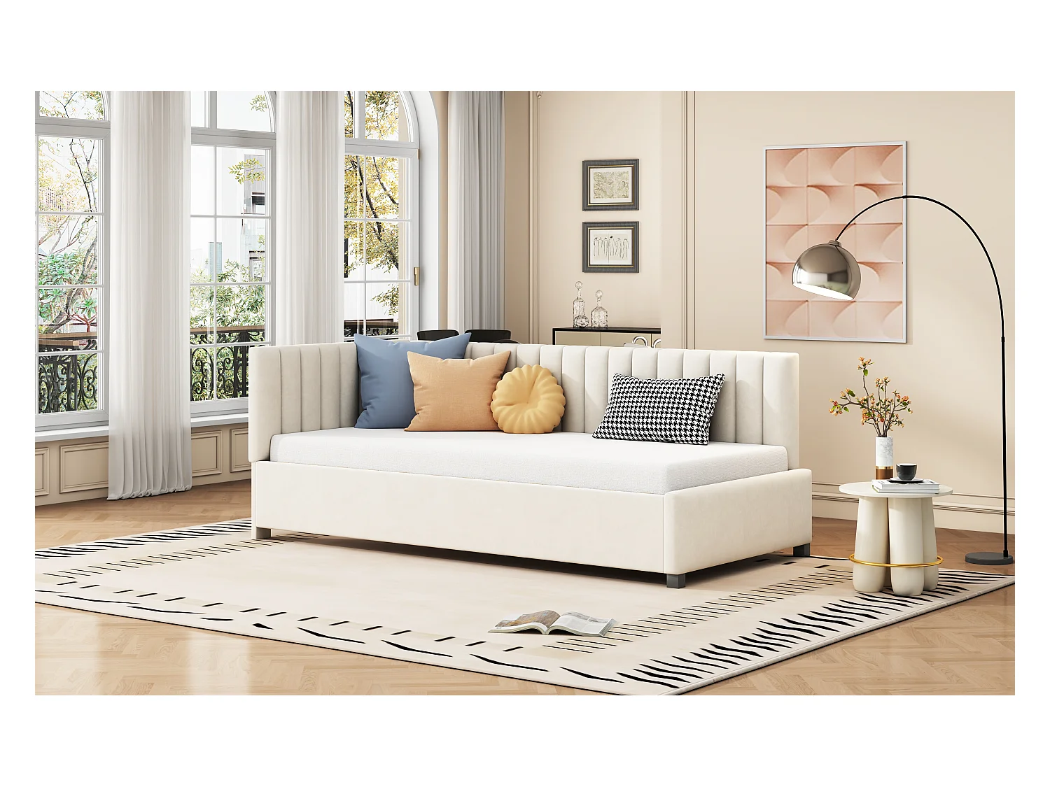 Lit enfant 90 x 200 cm - Canapé-lit - velours - sommier à lattes - beige