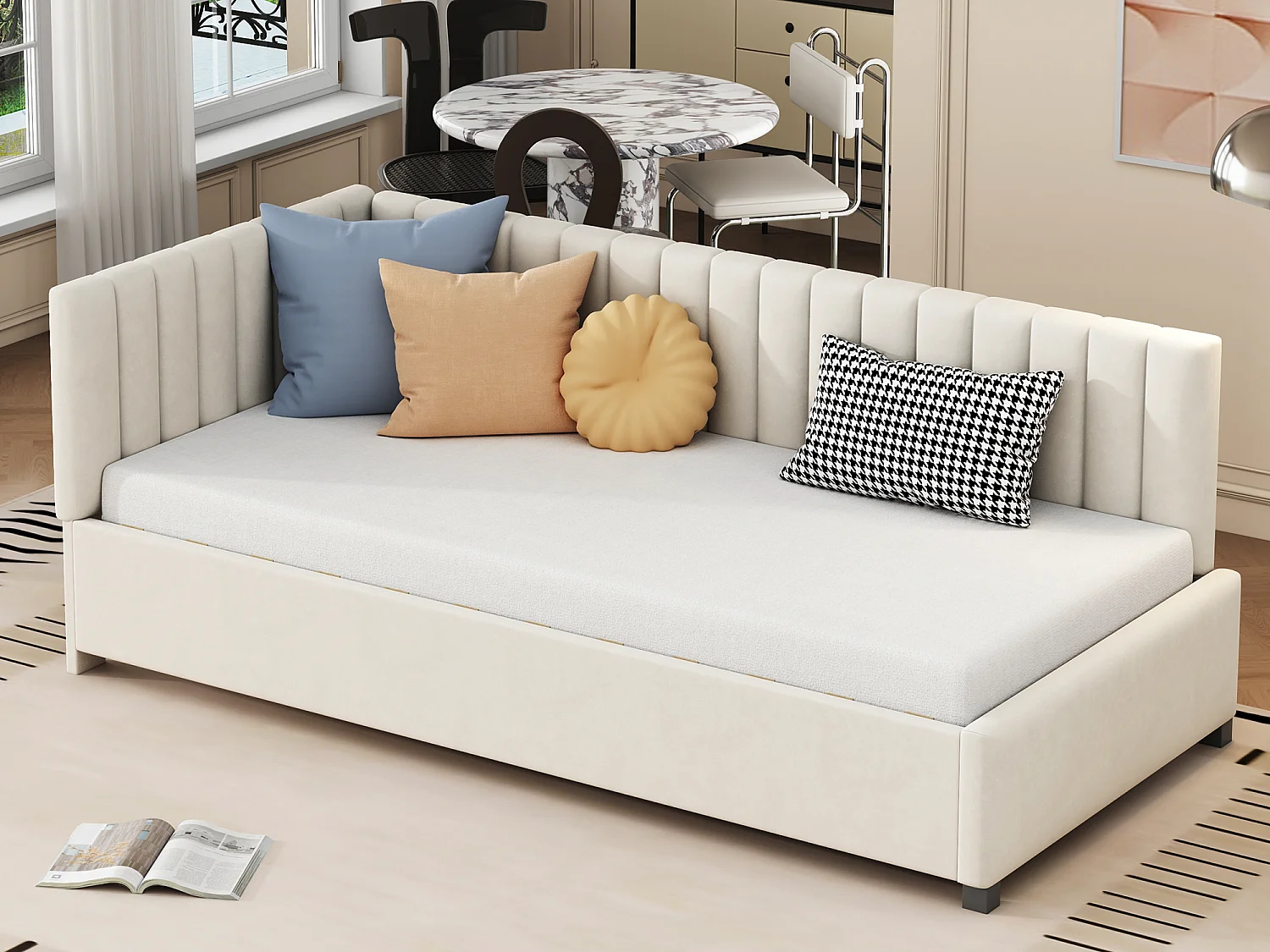 Kinderbed 90 x 200 cm - Slaapbank - fluweel - lattenbodem - beige