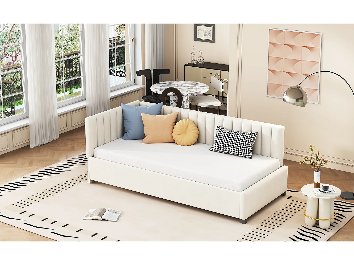 Kinderbed 90 x 200 cm - Slaapbank - fluweel - lattenbodem - beige