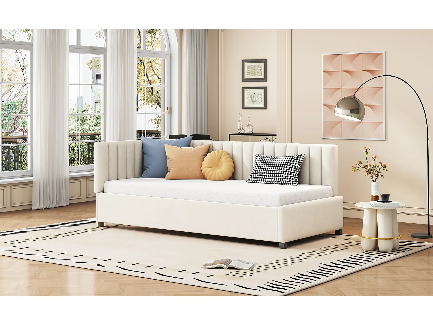 Kinderbed 90 x 200 cm - Slaapbank - fluweel - lattenbodem - beige