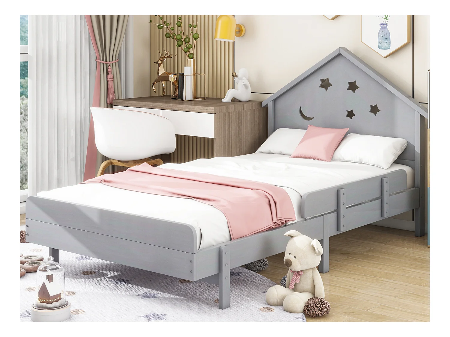 Kinderbed 90 x 200 cm met hoofdeinde - Massief hout - Sterrenmaanmotief - Grijs