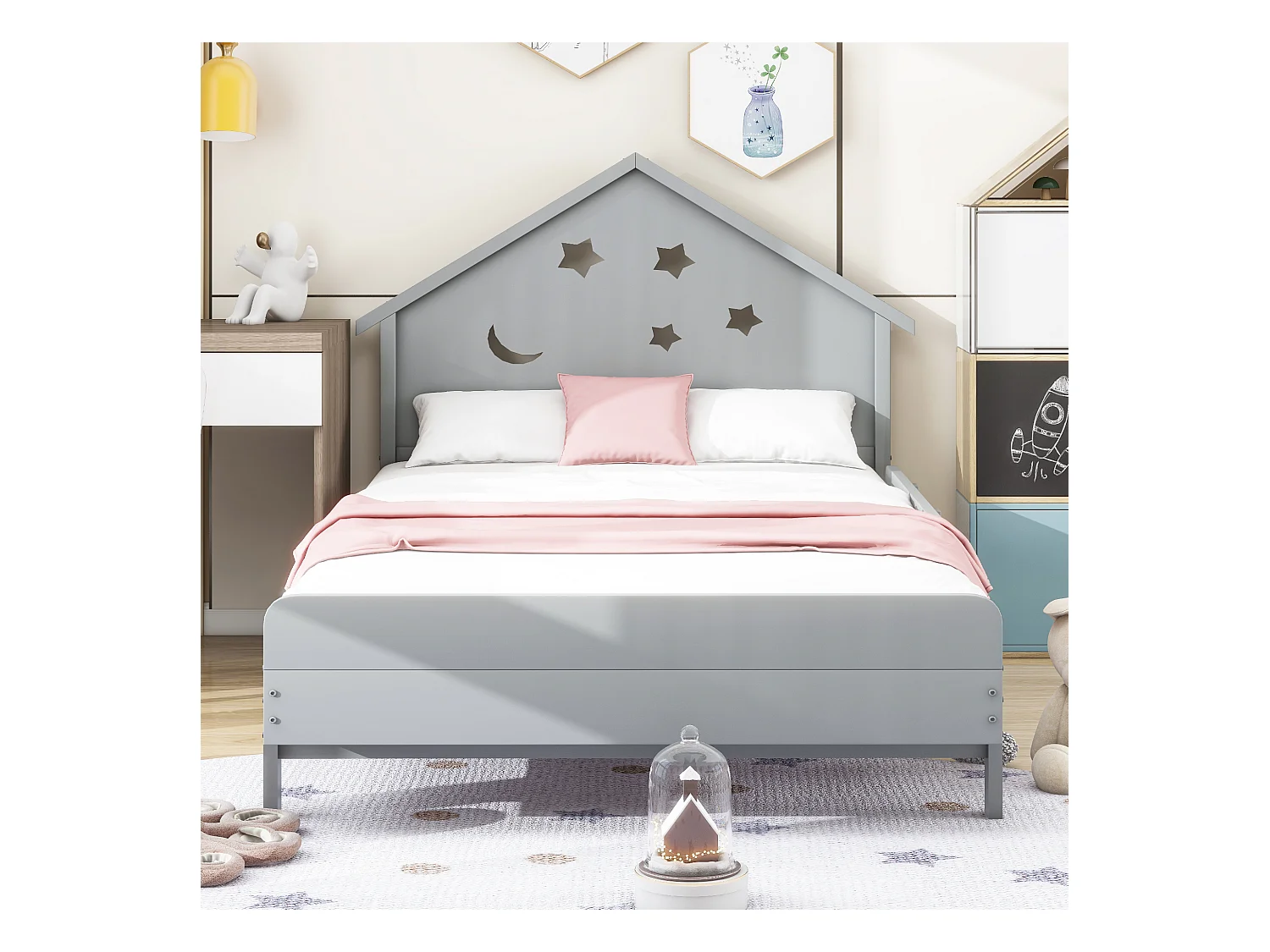 Lit enfant 90 x 200 cm avec tête de lit - Bois massif - Motif étoile-lune - Gris