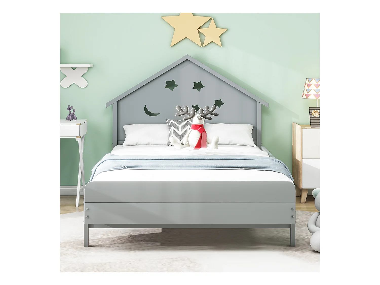 Lit enfant 90 x 200 cm avec tête de lit - Bois massif - Motif étoile-lune - Gris