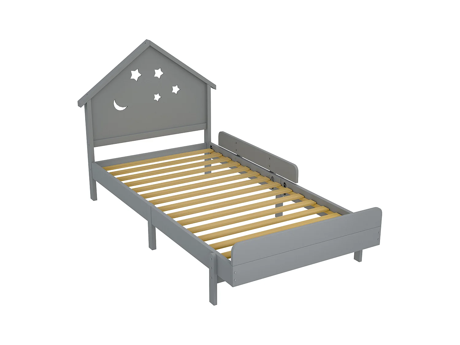 Lit enfant 90 x 200 cm avec tête de lit - Bois massif - Motif étoile-lune - Gris