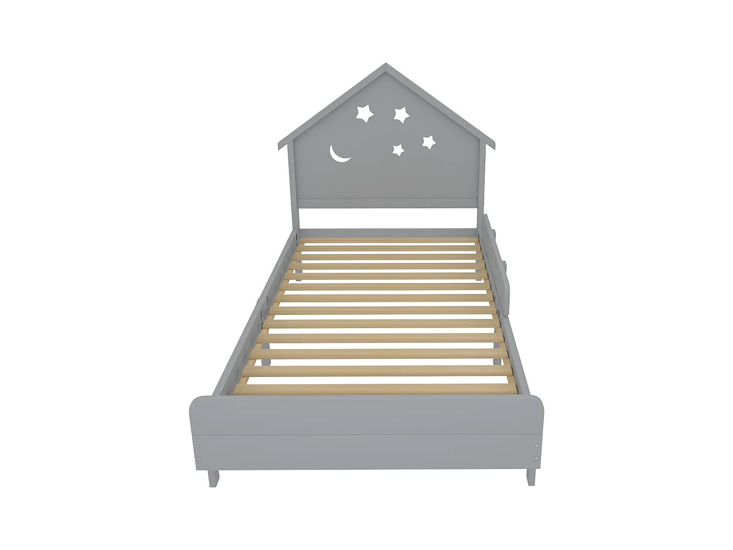 Lit enfant 90 x 200 cm avec tête de lit - Bois massif - Motif étoile-lune - Gris