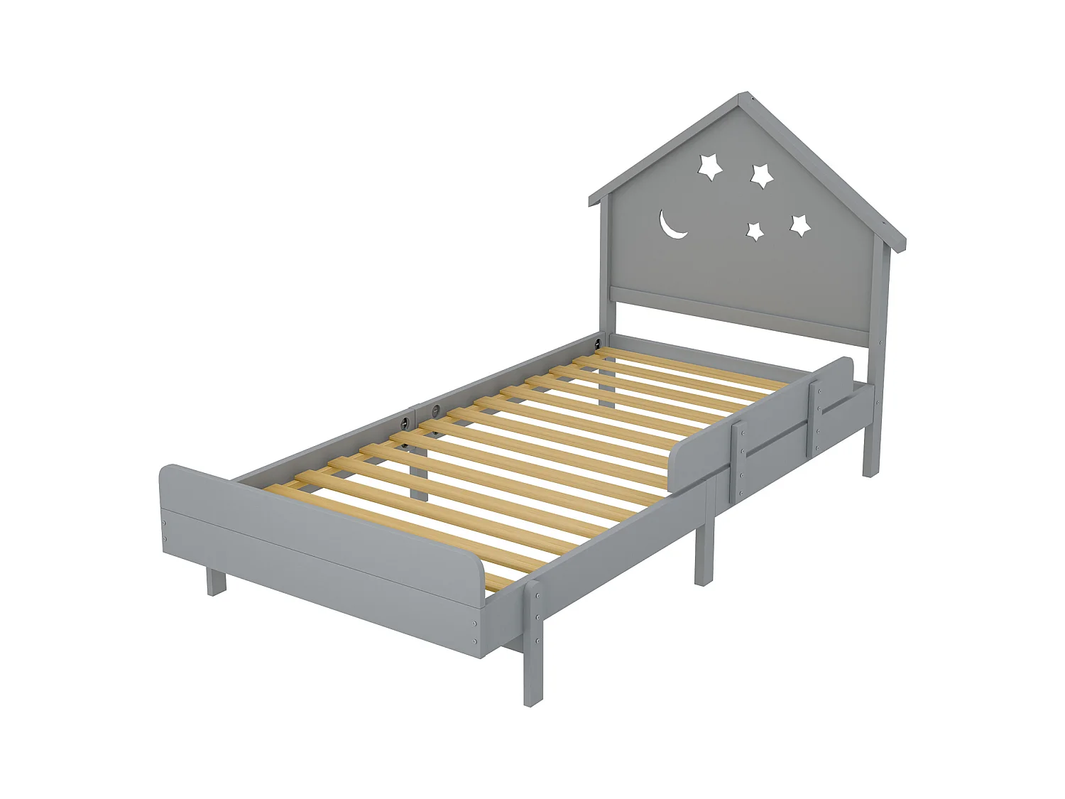 Lit enfant 90 x 200 cm avec tête de lit - Bois massif - Motif étoile-lune - Gris