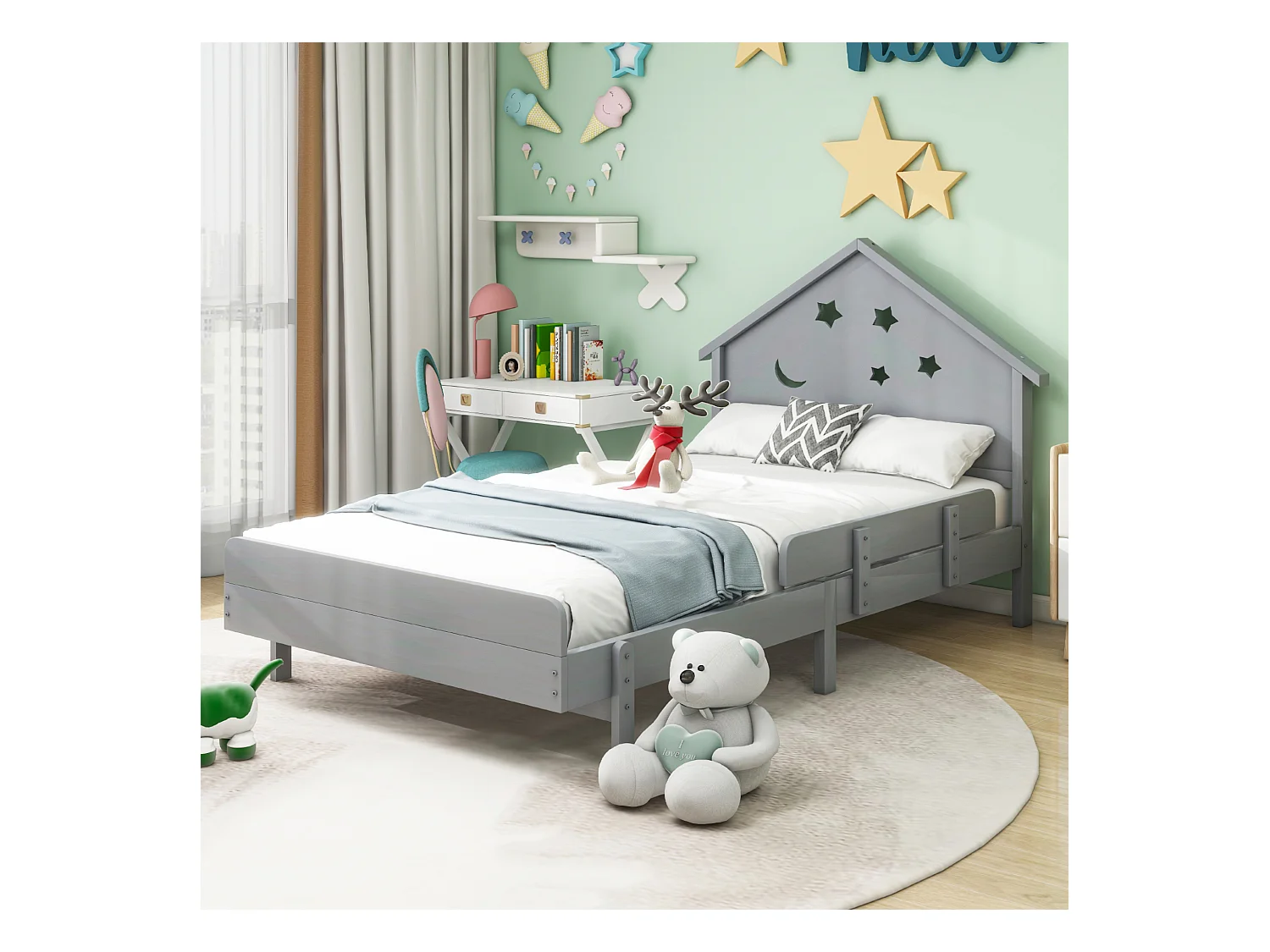 Lit enfant 90 x 200 cm avec tête de lit - Bois massif - Motif étoile-lune - Gris