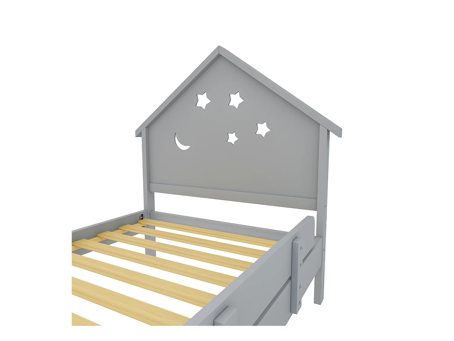 Lit enfant 90 x 200 cm avec tête de lit - Bois massif - Motif étoile-lune - Gris