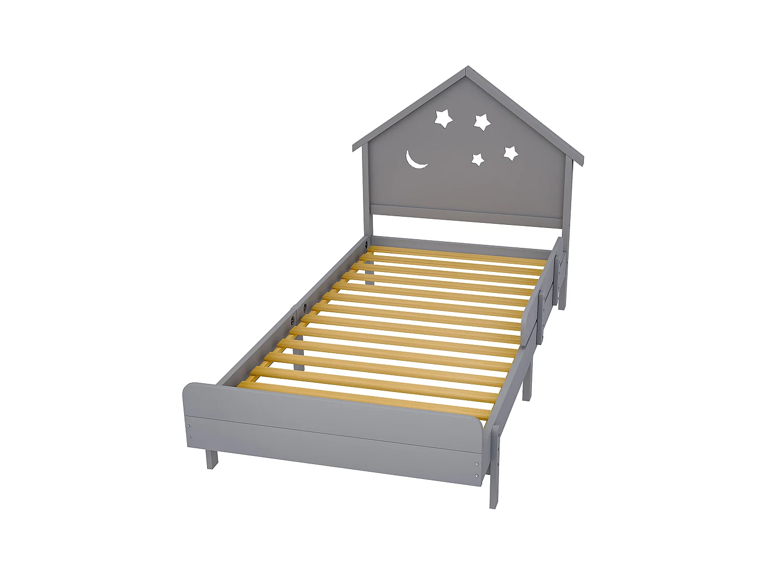 Lit enfant 90 x 200 cm avec tête de lit - Bois massif - Motif étoile-lune - Gris
