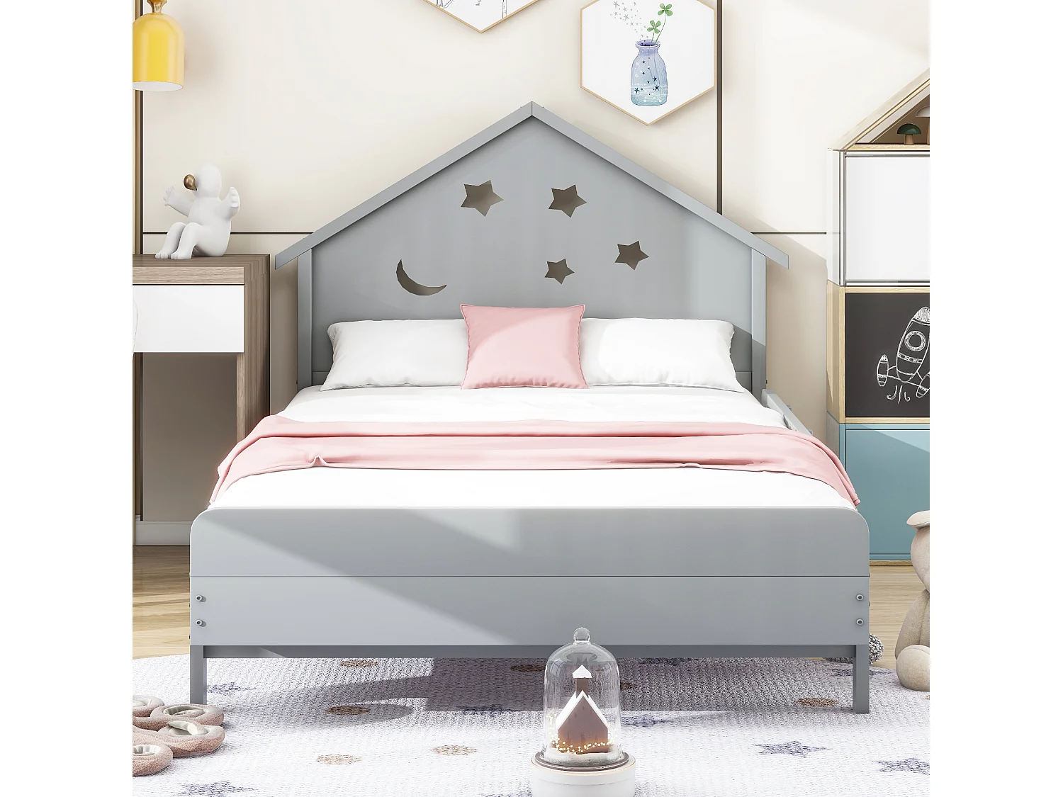 Kinderbed 90 x 200 cm met hoofdeinde - Massief hout - Sterrenmaanmotief - Grijs